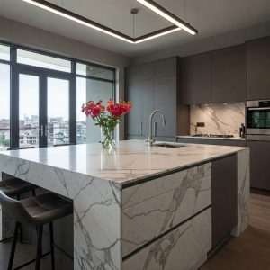 Luxury Kitchen with Marble Countertops and Island