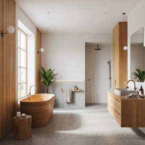 Scandinavian bathroom design with wood accents
