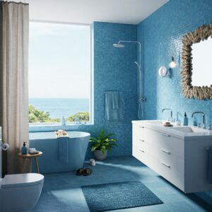 Light and Airy Coastal Bathroom Design with Blue Accents