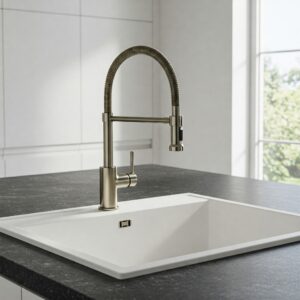 Modern Kitchen Sink Area Featuring a Stylish Contemporary Faucet